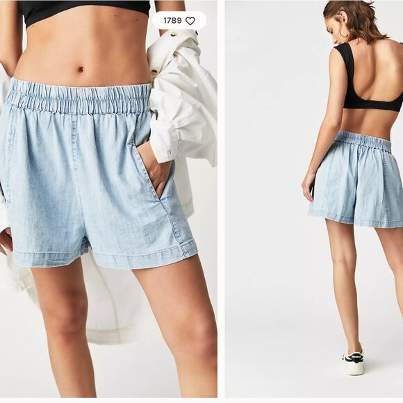 We The Free Get Free Chambray Blue Pull-On Shorts XL Casual Pull On Cotton Boho - Picture 9 of 9